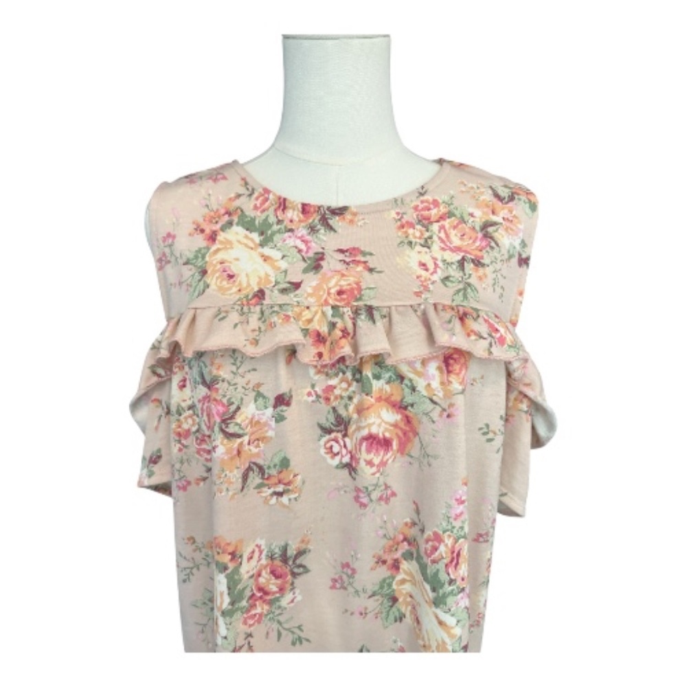 👚 EUC AMELIA JAMES Women’s Pink Yellow Green Floral Cold Shoulder Top | Size L - Picture 1 of 9